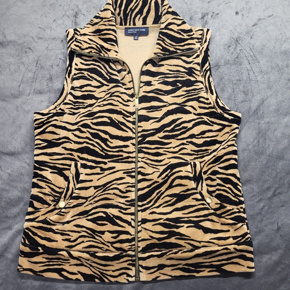 Jones New York Signature Vest Tiger Pring LG Full Zip Velour Cozy Pockets